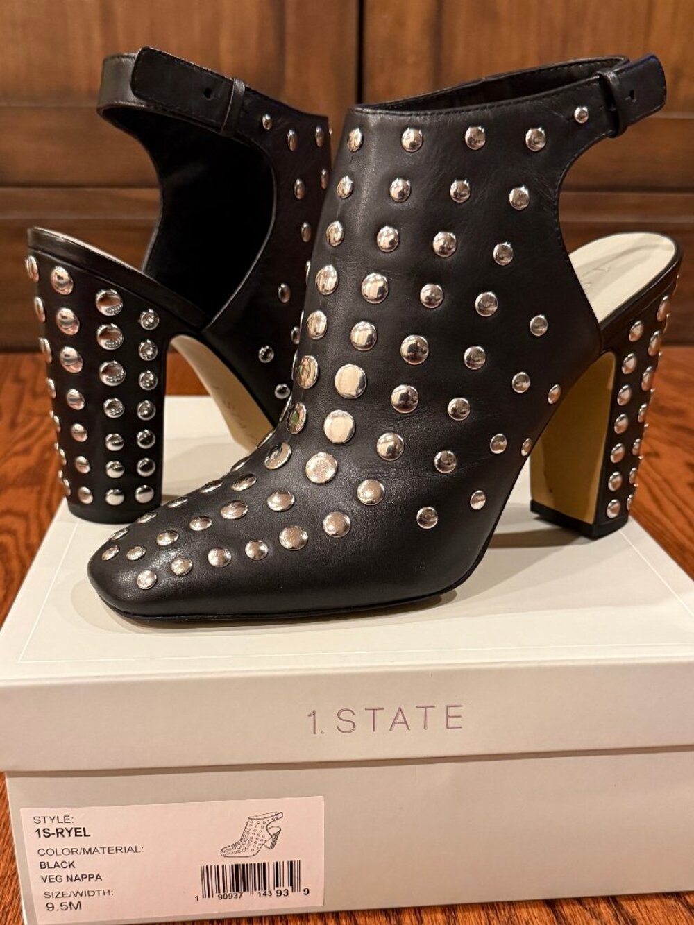 1.STATE Ryel Black Studded Leather Booties Heels Size 9.5M